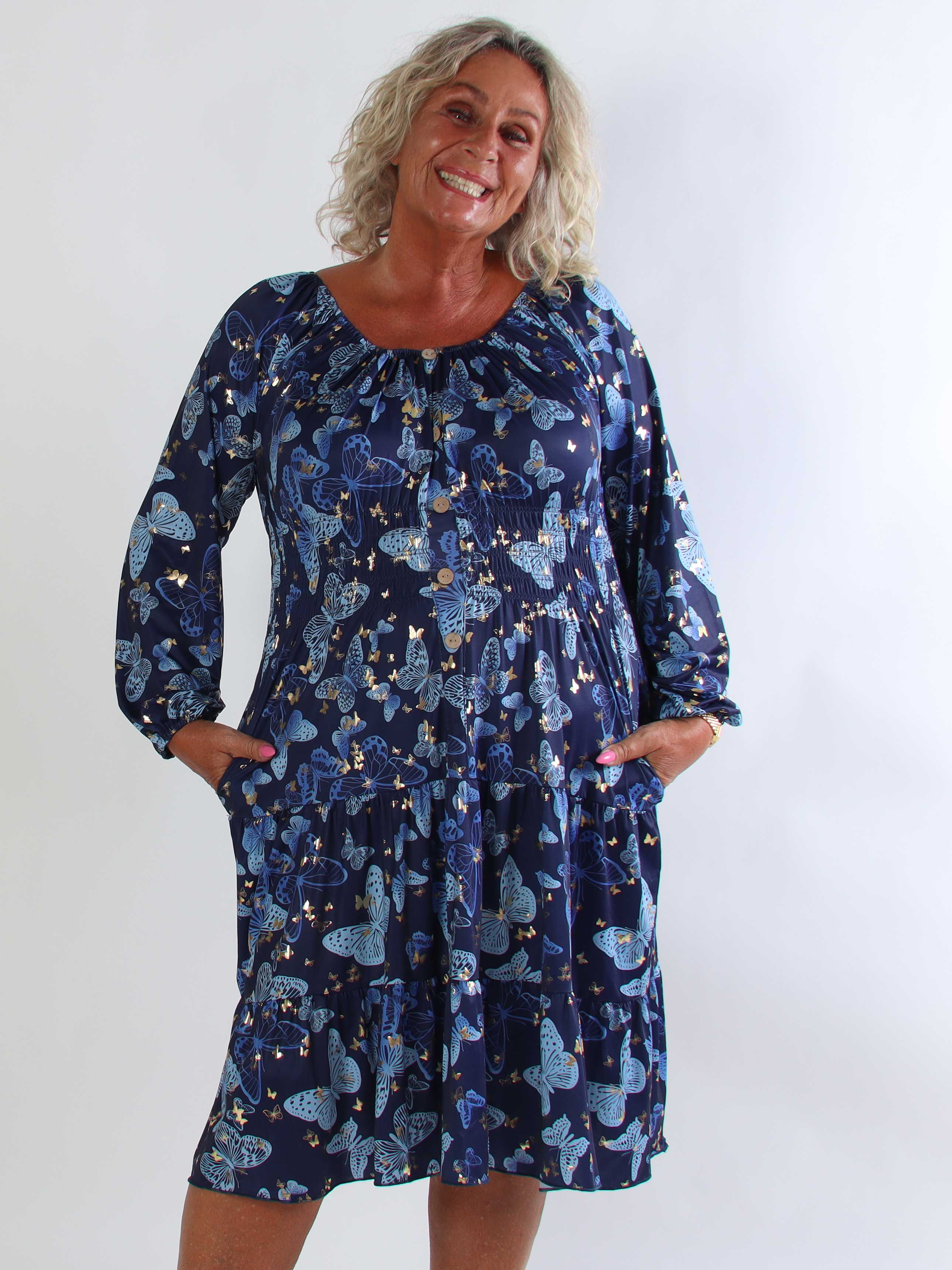 Tea Butterfly L/S - Plus size kjole med elastik i livet og sommerfugleprint